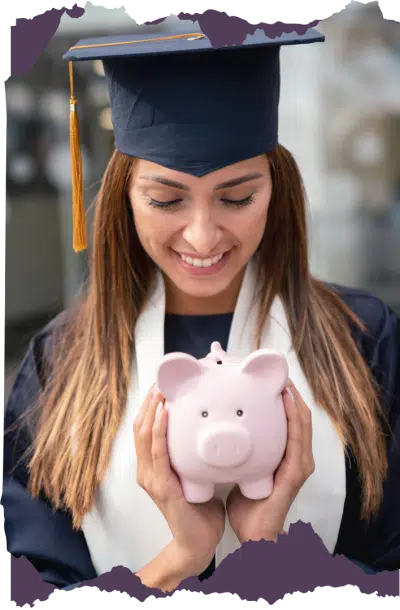 Scholarship-Amount-Details College graduate in cap and gown smiling while holding a piggy bank
