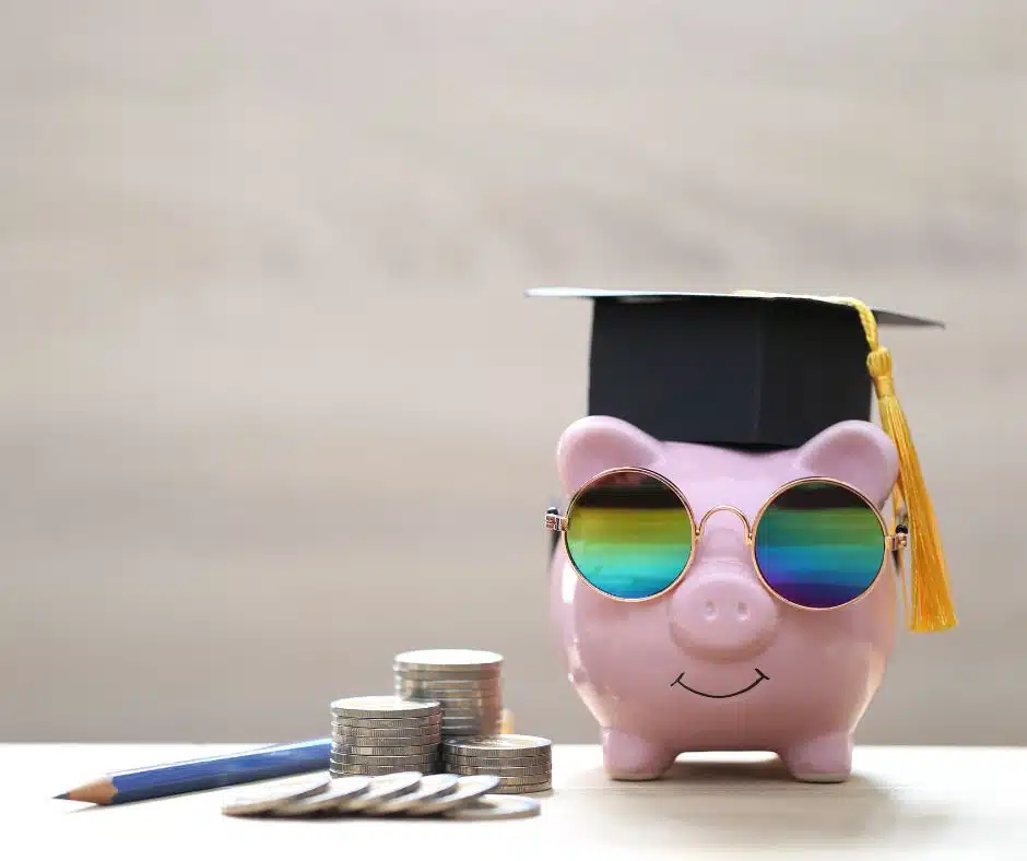 Piggy bank wearing 70's groovy glasses and a graduation cap next to a stack of coins